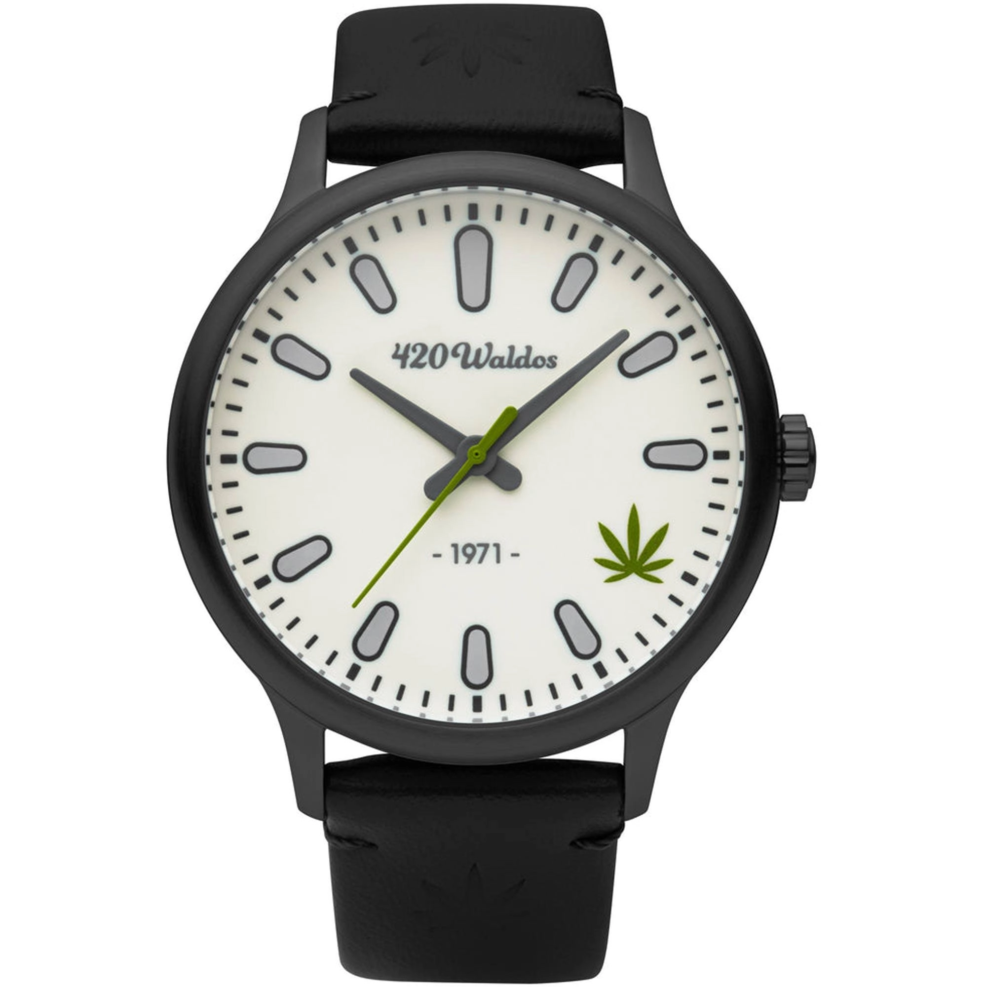 420Waldos Men's Watch - Bud Quartz Steel Case Ivory Dial Black Leather Strap | W1009