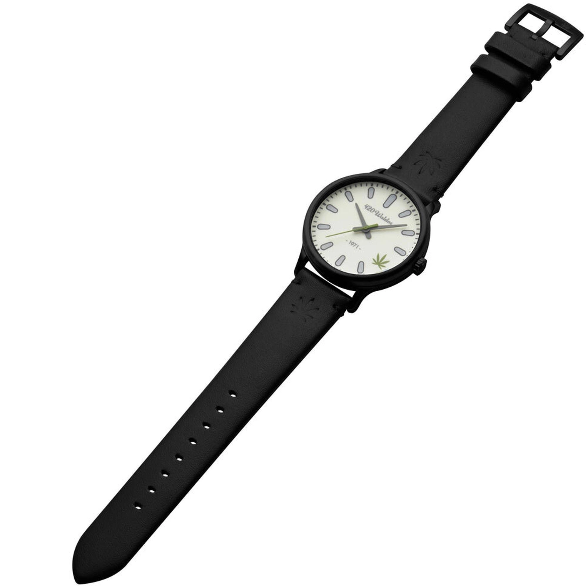 420Waldos Men's Watch - Bud Quartz Steel Case Ivory Dial Black Leather Strap | W1009