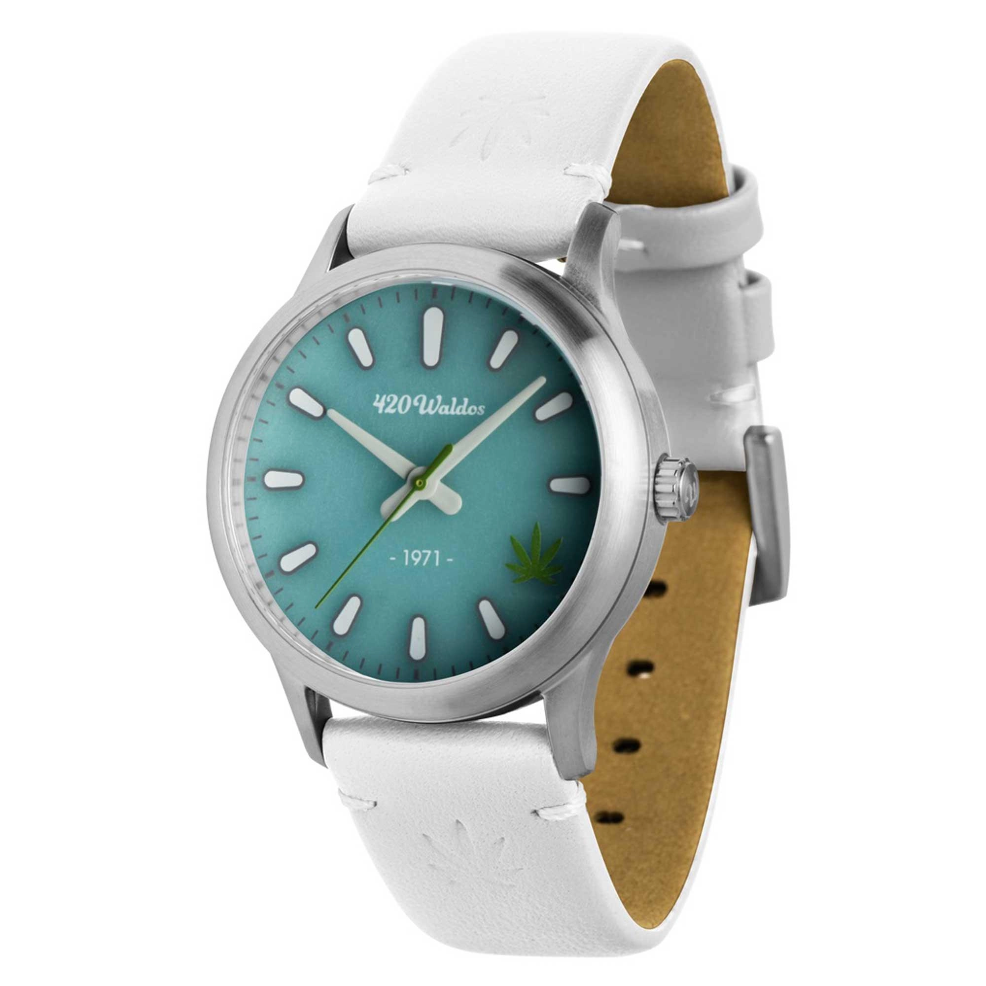 420Waldos Women's Quartz Watch - Mary Jane Blue Dial White Leather Strap | W2011