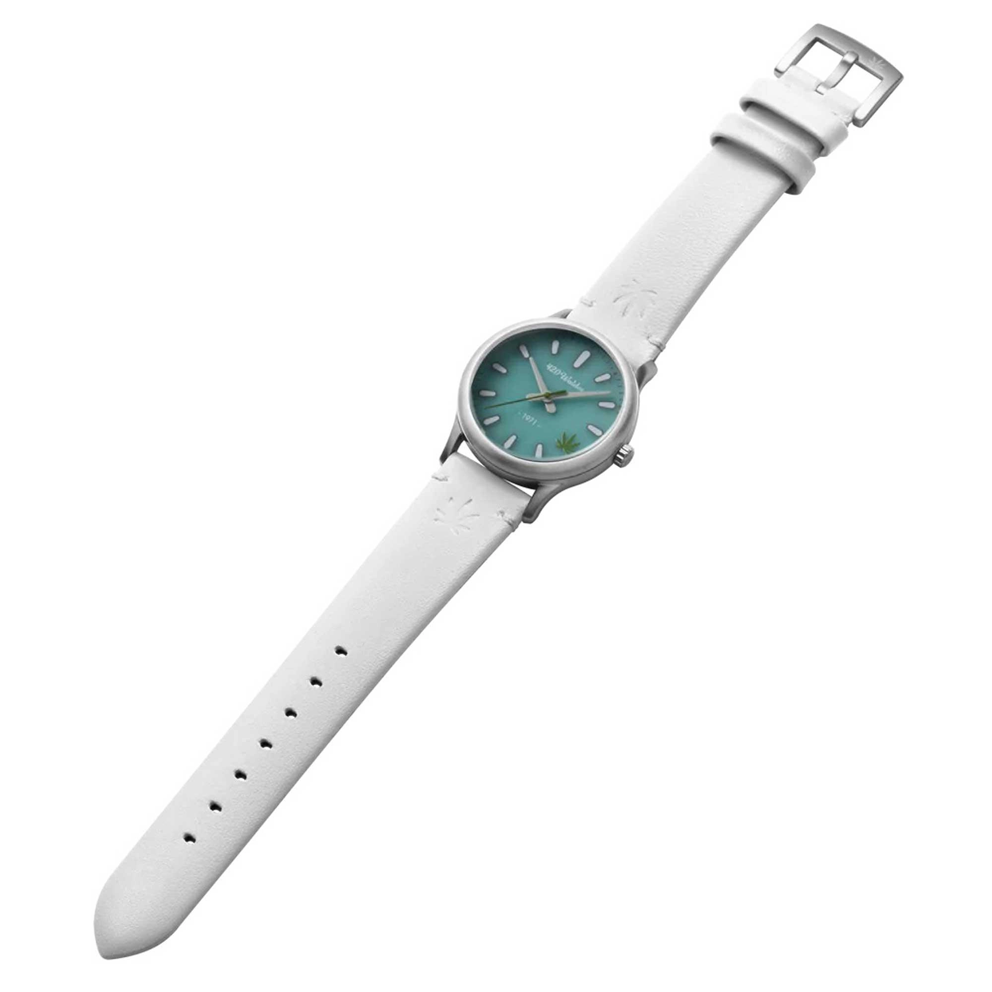 420Waldos Women's Quartz Watch - Mary Jane Blue Dial White Leather Strap | W2011