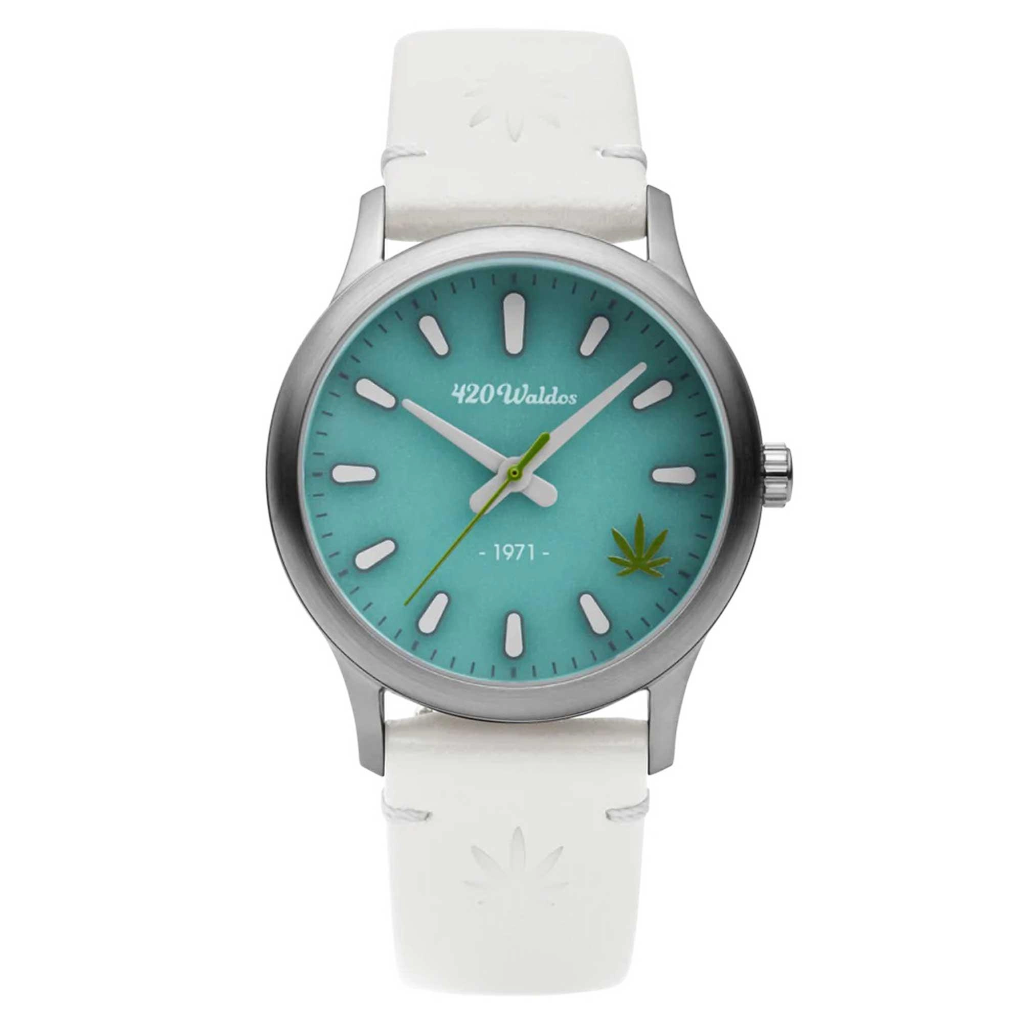 420Waldos Women's Quartz Watch - Mary Jane Blue Dial White Leather Strap | W2011