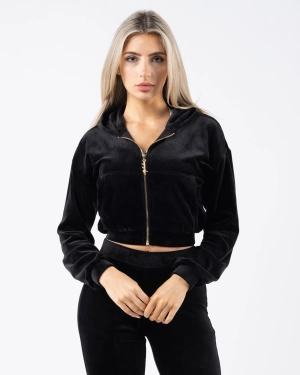 Velour Zip Hoodie - Black