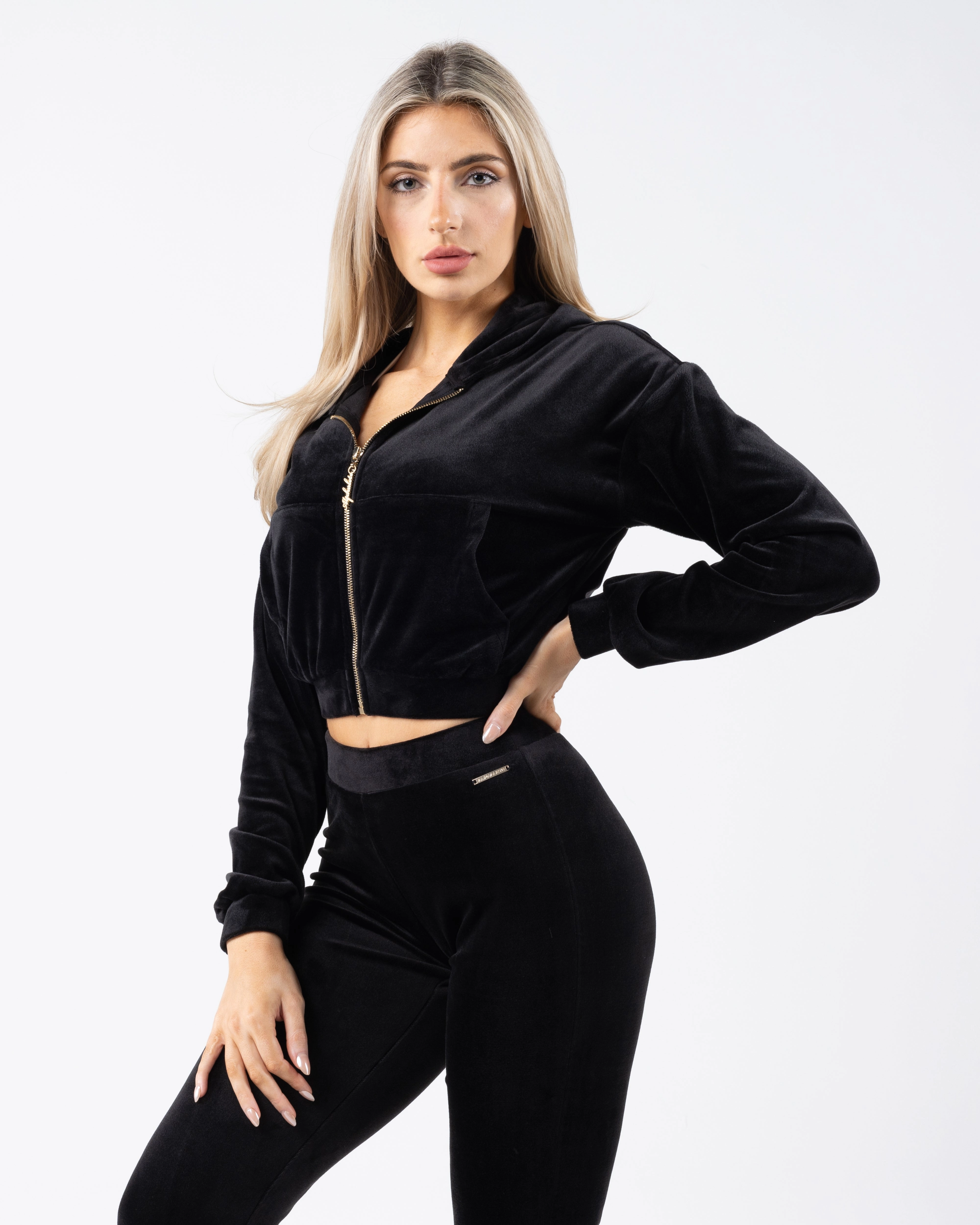 Velour Zip Hoodie - Black