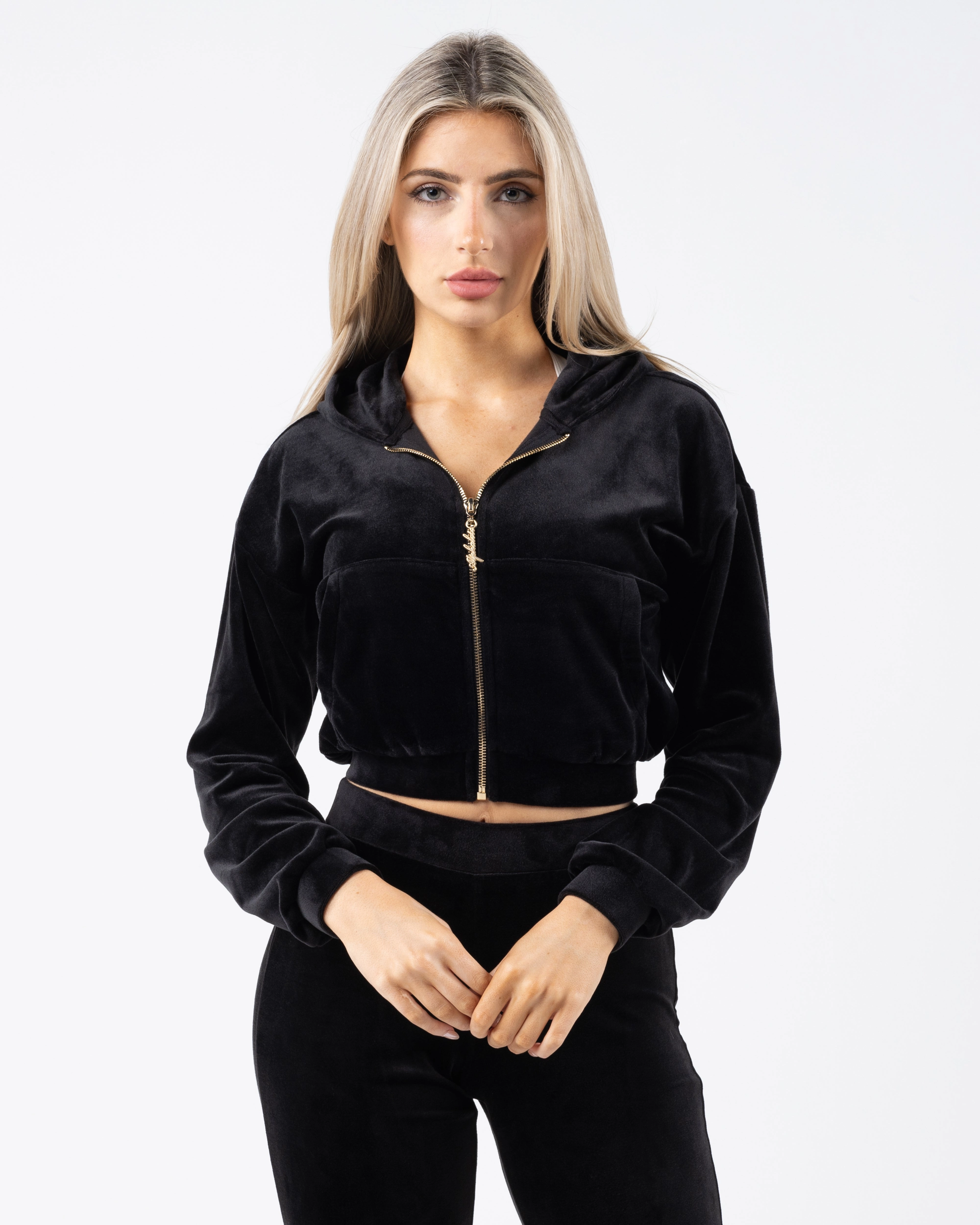Velour Zip Hoodie - Black